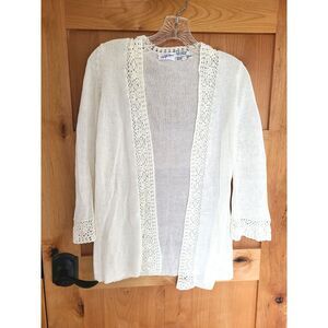 Vtg 60s 70s Saks Fifth Avenue Cream Knit Cardigan MEDIUM Clean Girl Crochet Trim